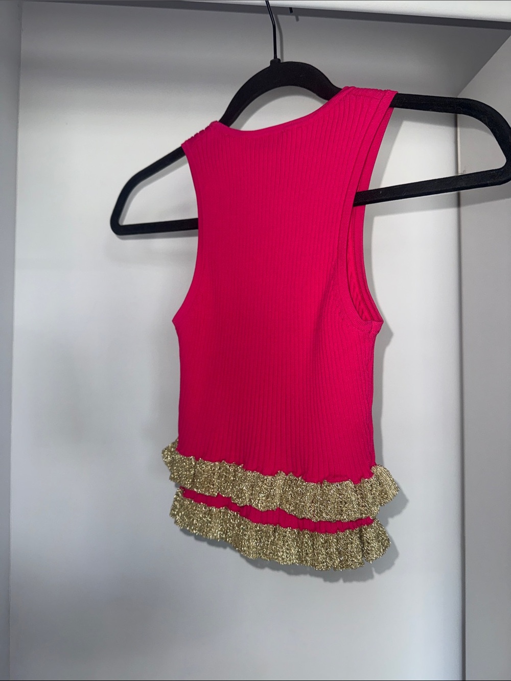 Sandro Hot Pink Ribbed Tank with Gold Ruffle Trim - Picture 4 of 4